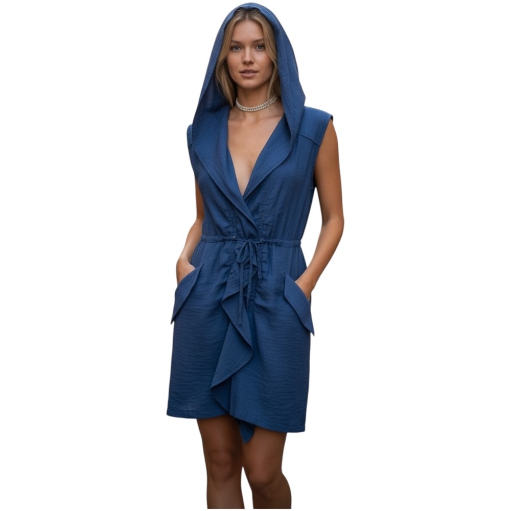 Y2K BCBG Maxazria Drawstring Waist Sleeveless Hooded Dress Blue size XXS
